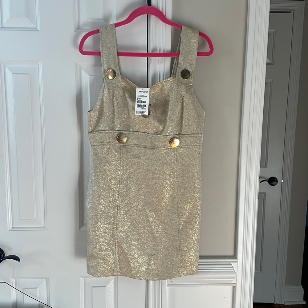 NWT BEBE GOLD SLIM OVERALL BUTTON DRESS SZ L